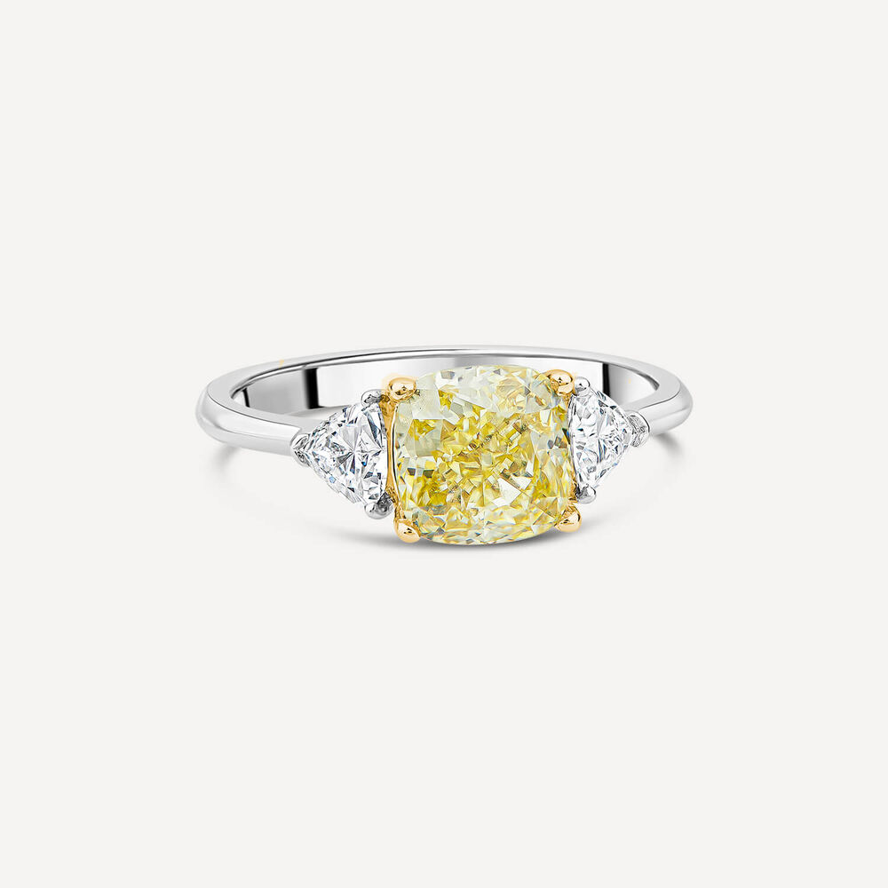 Born Platinum 2.50ct Yellow Cushion Centre Trillogy Lab Grown Diamond Sides Ring image number 2