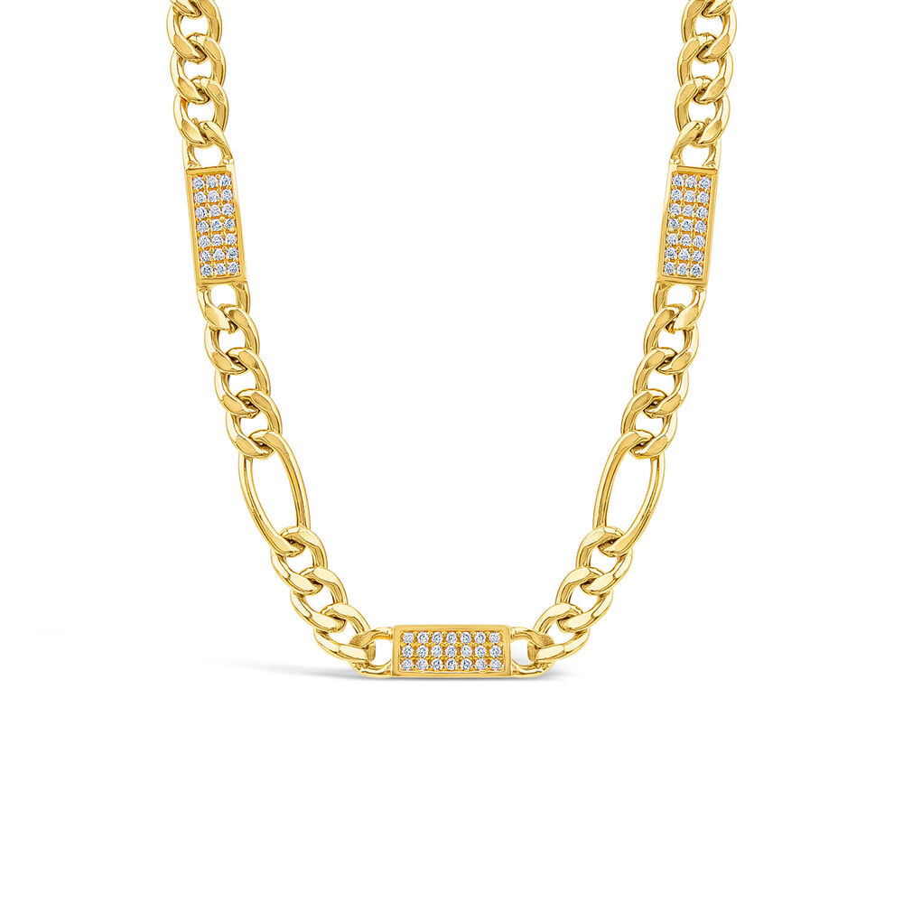 Silver & Yellow Gold Plated Figaro & Cubic Zirconia Bar Centre Necklet