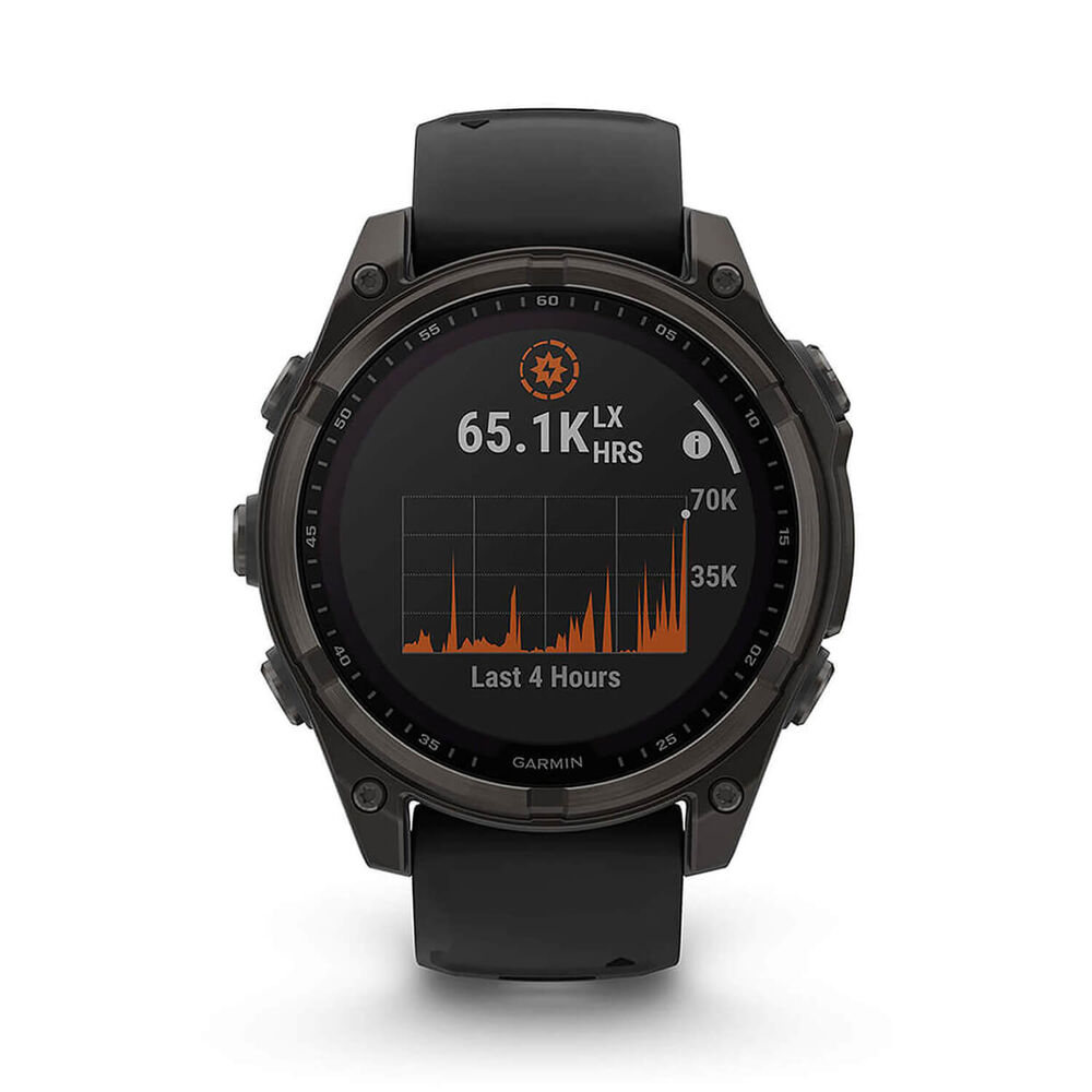 Garmin fenix® 8 Solar 47mm Carbon Grey DLC Titanium Case Black Pebble Gray Silicon Strap Watch image number 8