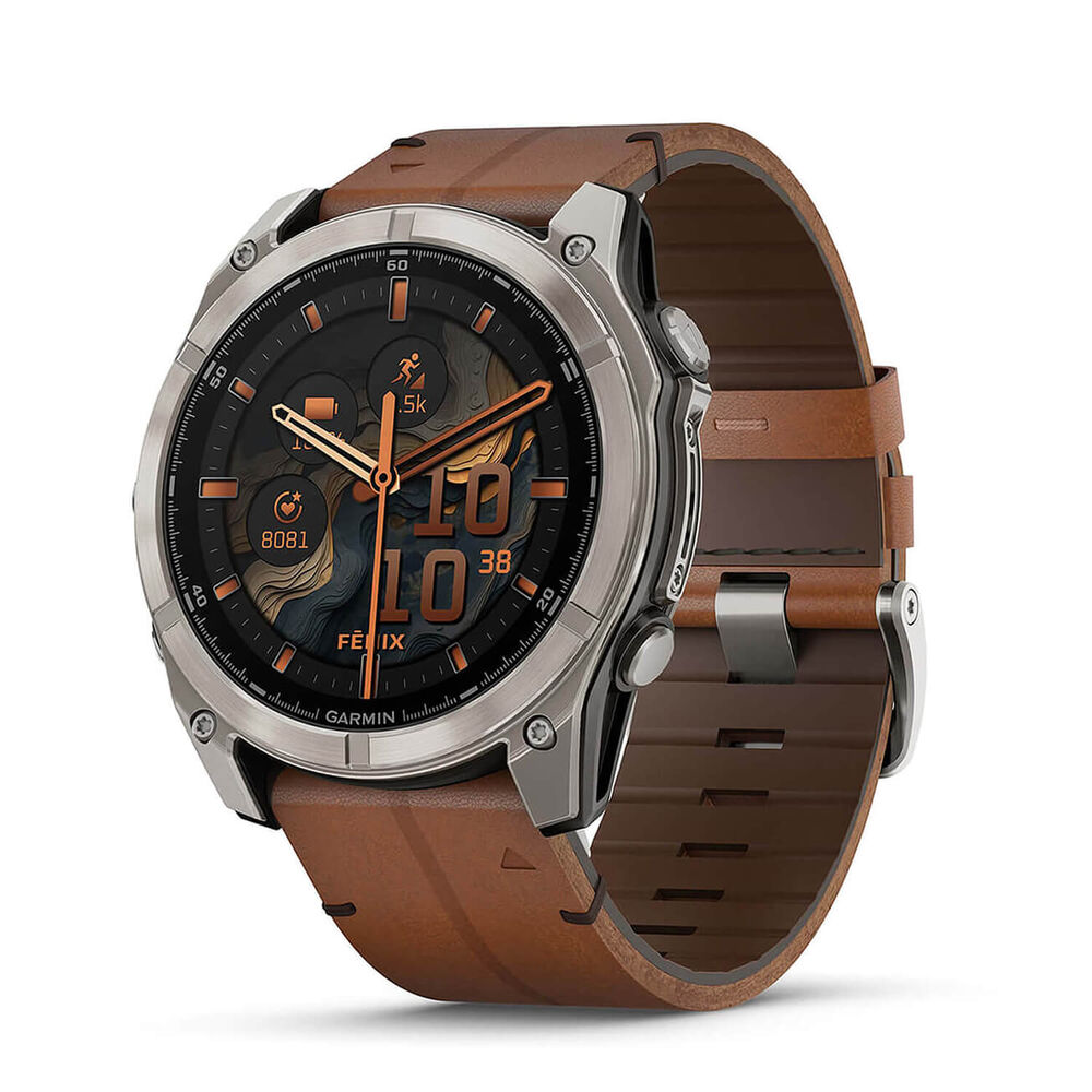 Garmin fenix® 8 AMOLED Sapphire 51mm Carbon Grey DLC Case Chestnut Leather Strap Watch