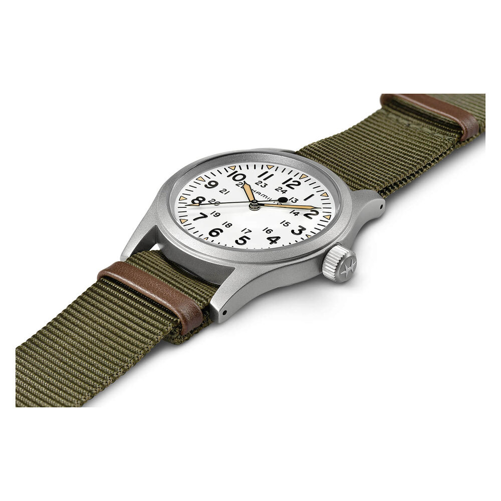 Hamilton Khaki Field Mechanical 38mm White Dial Steel Case Green Strap Watch