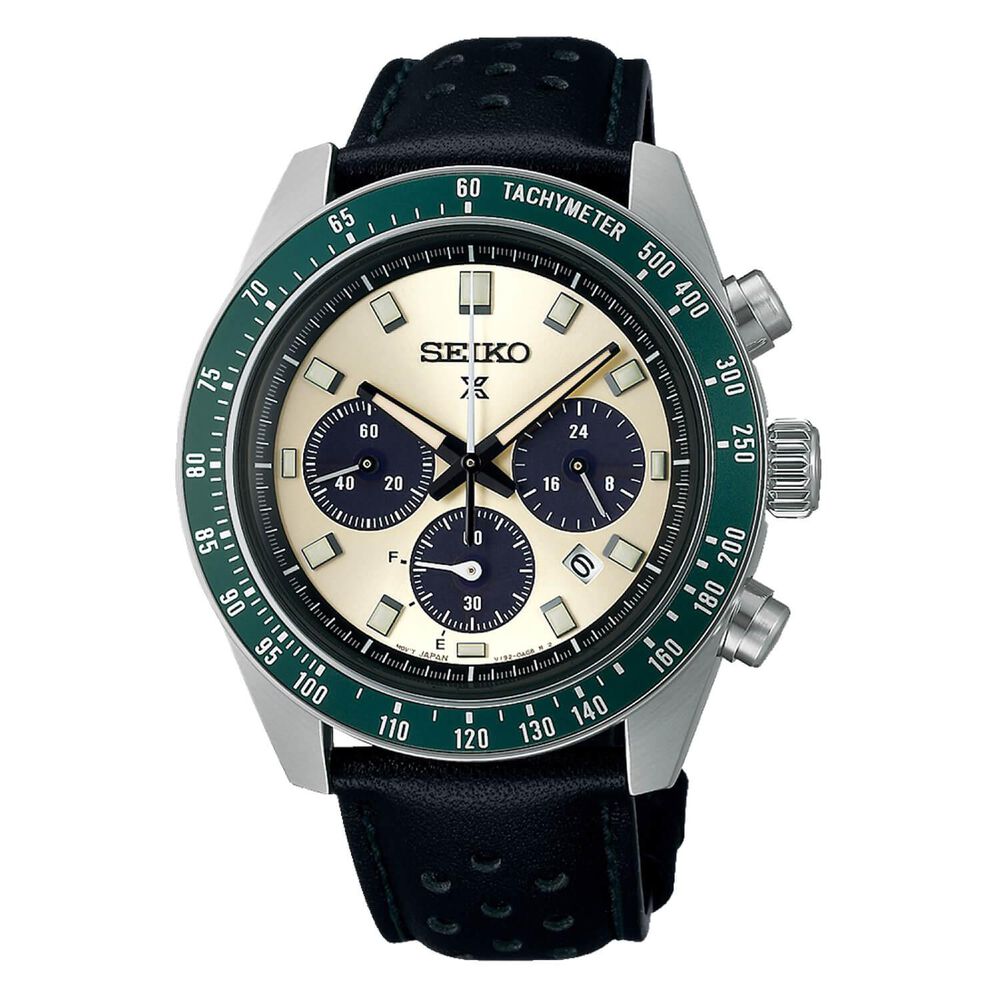 Seiko Prospex Racing Sports Solar Speedtimer 41.4mm Ivory Dial Black Leather Strap Watch