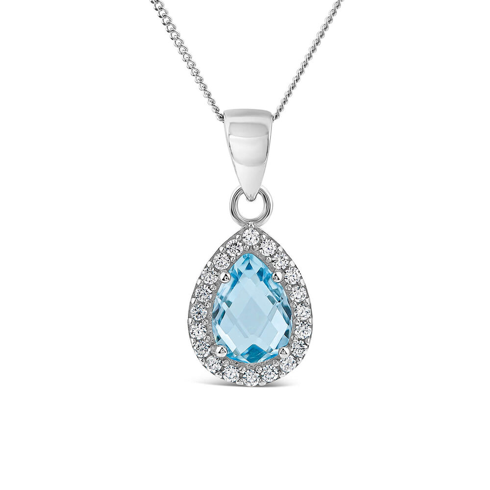 9ct White Gold Pear Blue Topaz & Cubic Zirconia Pendant (Chain Included)