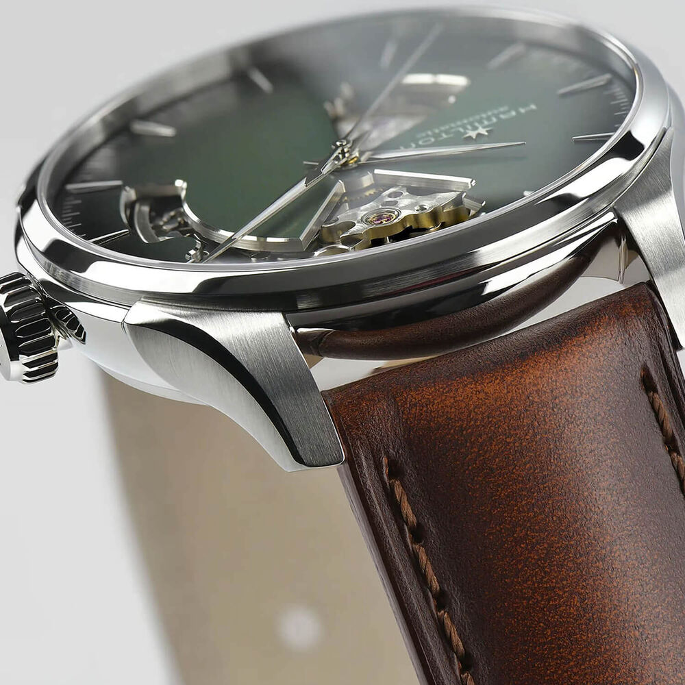 Hamilton Jazzmaster Open Heart 40mm Green Dial Steel Case Brown Leather Strap Watch image number 3