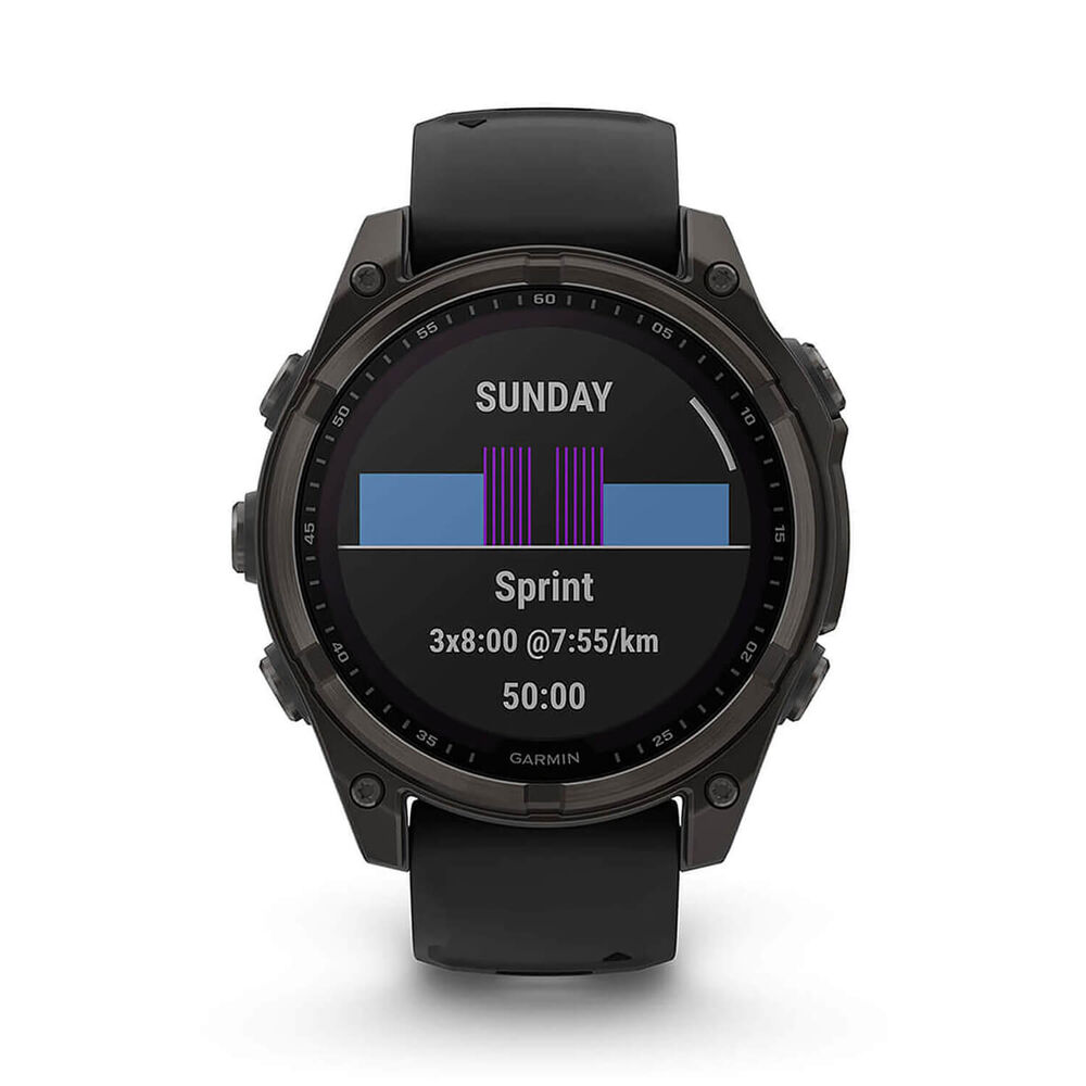 Garmin fenix® 8 Solar 47mm Carbon Grey DLC Titanium Case Black Pebble Gray Silicon Strap Watch image number 2