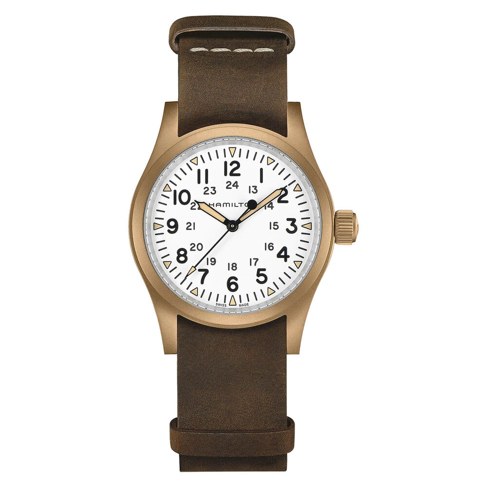 Hamilton Khaki Field Mechanical Bronze 38mm White Dial Brown Leather Strap Watch image number 0