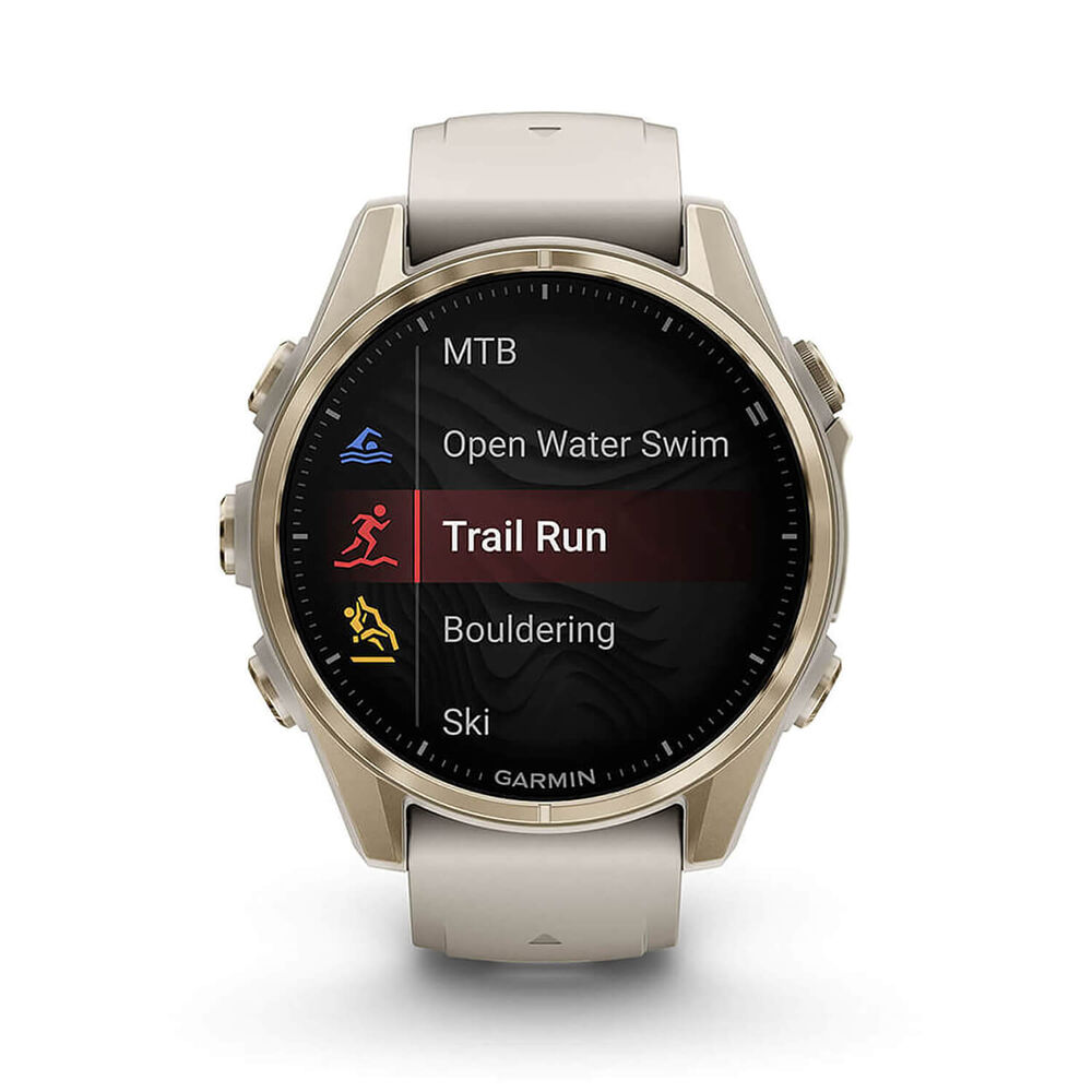 Garmin fenix® 8 AMOLED Sapphire 43mm Soft Gold Case Fog Grey Dark Sandstone Silicon Strap Watch image number 8