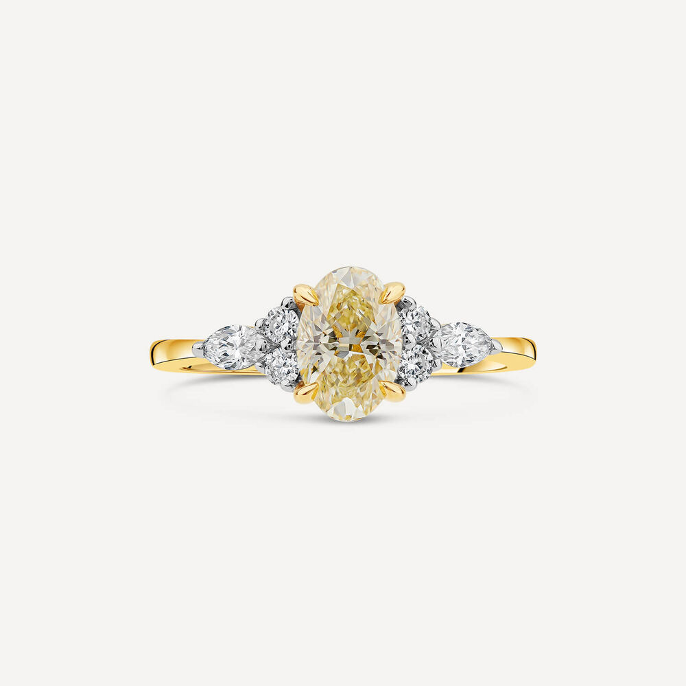 Born 18ct Yellow Gold 1.33ct Yellow Oval Centre & Round/Marquise Lab Grown Diamond Sides Ring