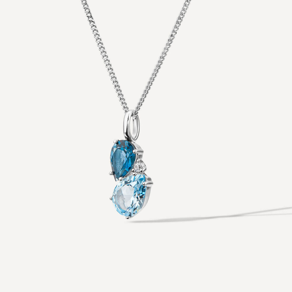 9ct White Gold Double Pear Blue Topaz & 0.01ct Diamond Set Pendant