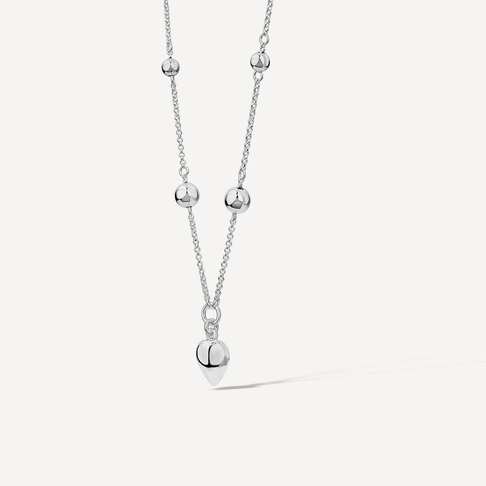 Sterling Silver Ball Station Chain Heart Shaped Drop Pendant