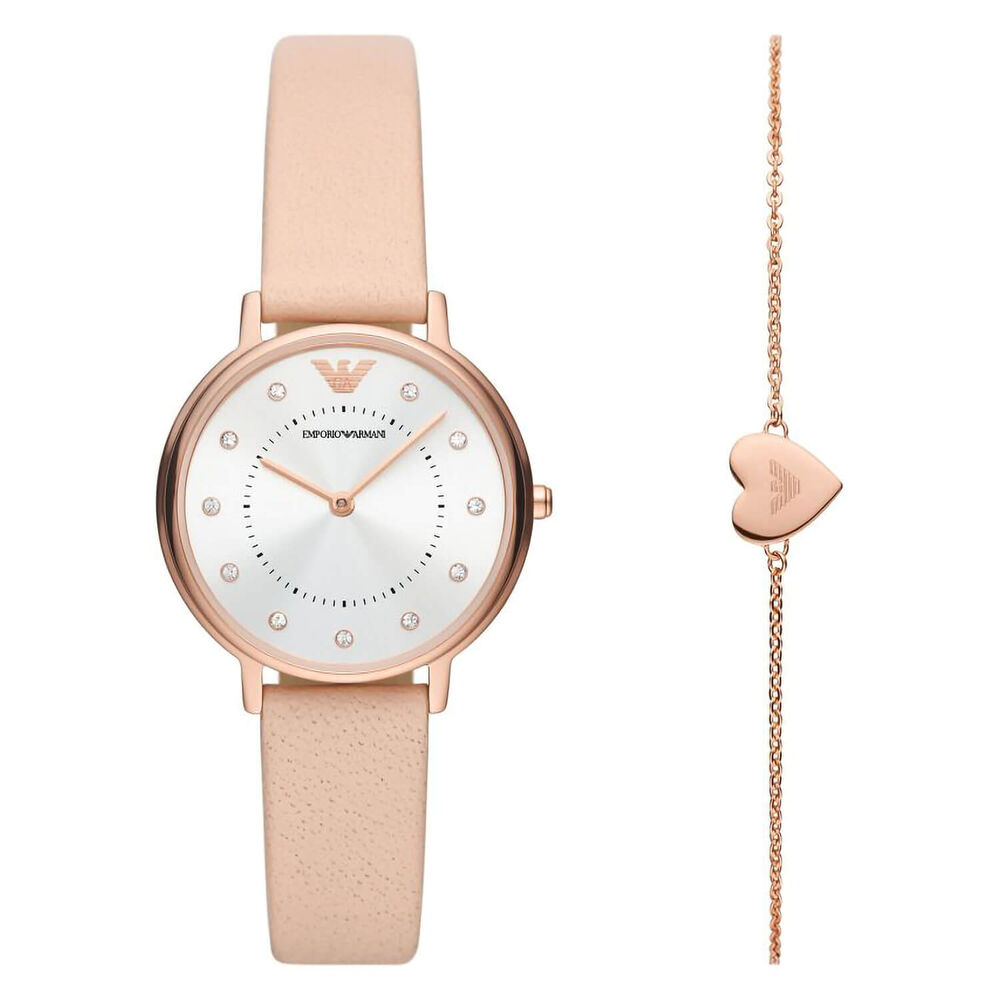 Emporio Armani 32mm Silver Dial Watch & Pink Bracelet Set