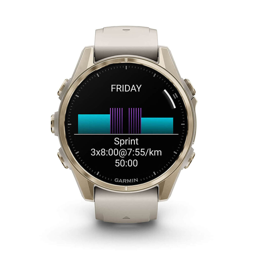 Garmin fenix® 8 AMOLED Sapphire 43mm Soft Gold Case Fog Grey Dark Sandstone Silicon Strap Watch image number 3