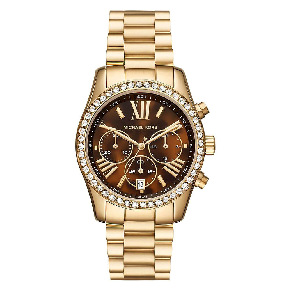 Michael Kors Lexington Lux 38mm Brown Dial Yellow Gold Plated Bracelet Watch