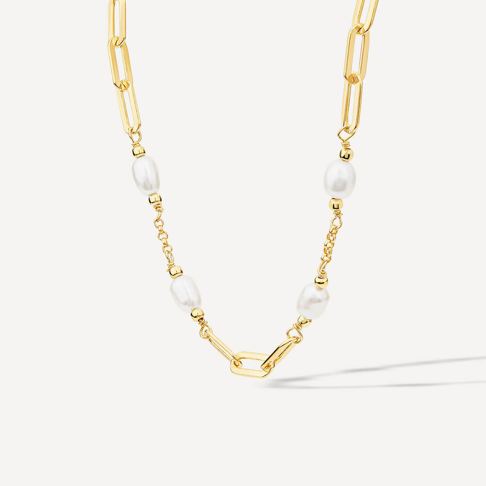 Silver & Yellow Gold Plated Pearl Stationed Paperlink Necklet