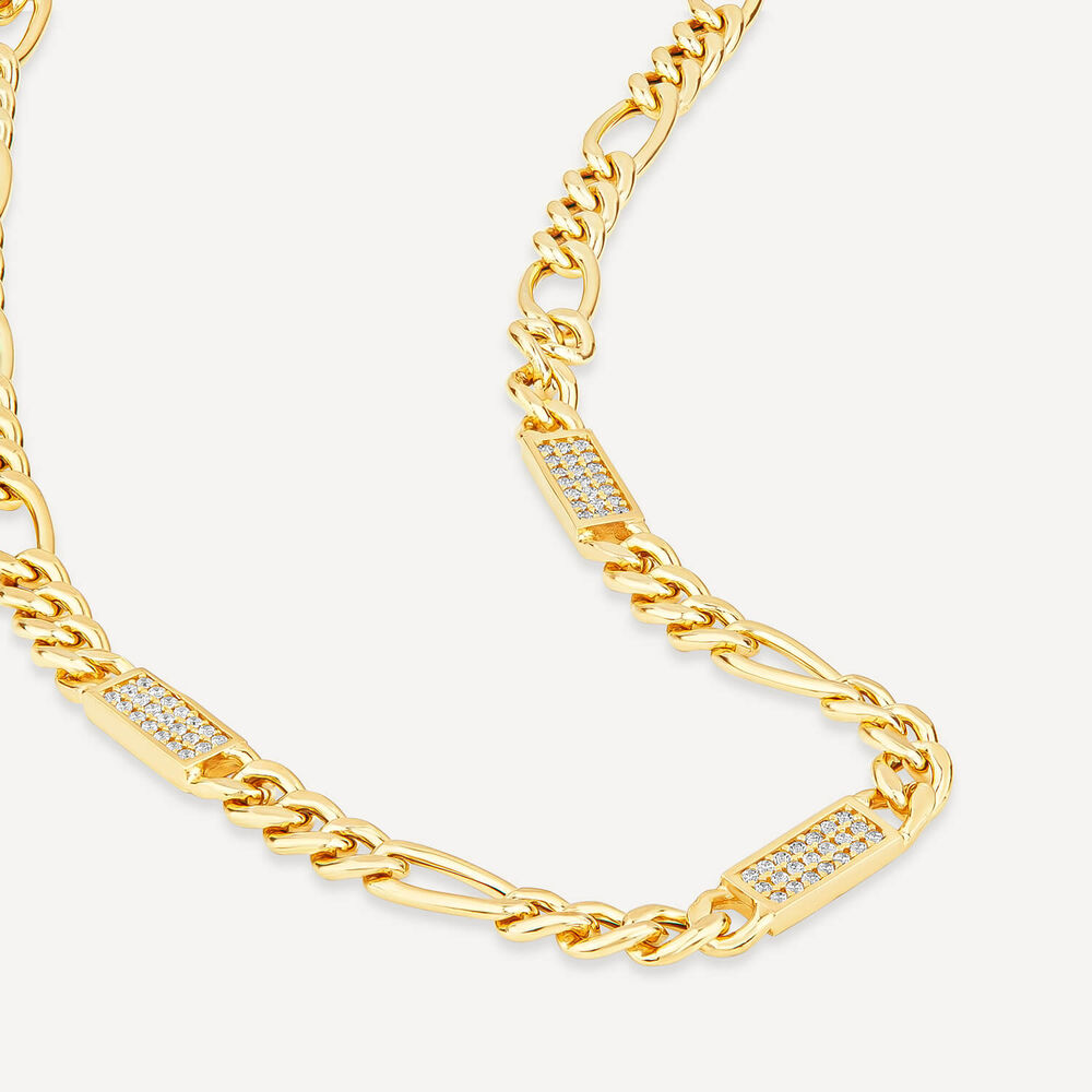 Silver & Yellow Gold Plated Figaro & Cubic Zirconia Bar Centre Necklet image number 3