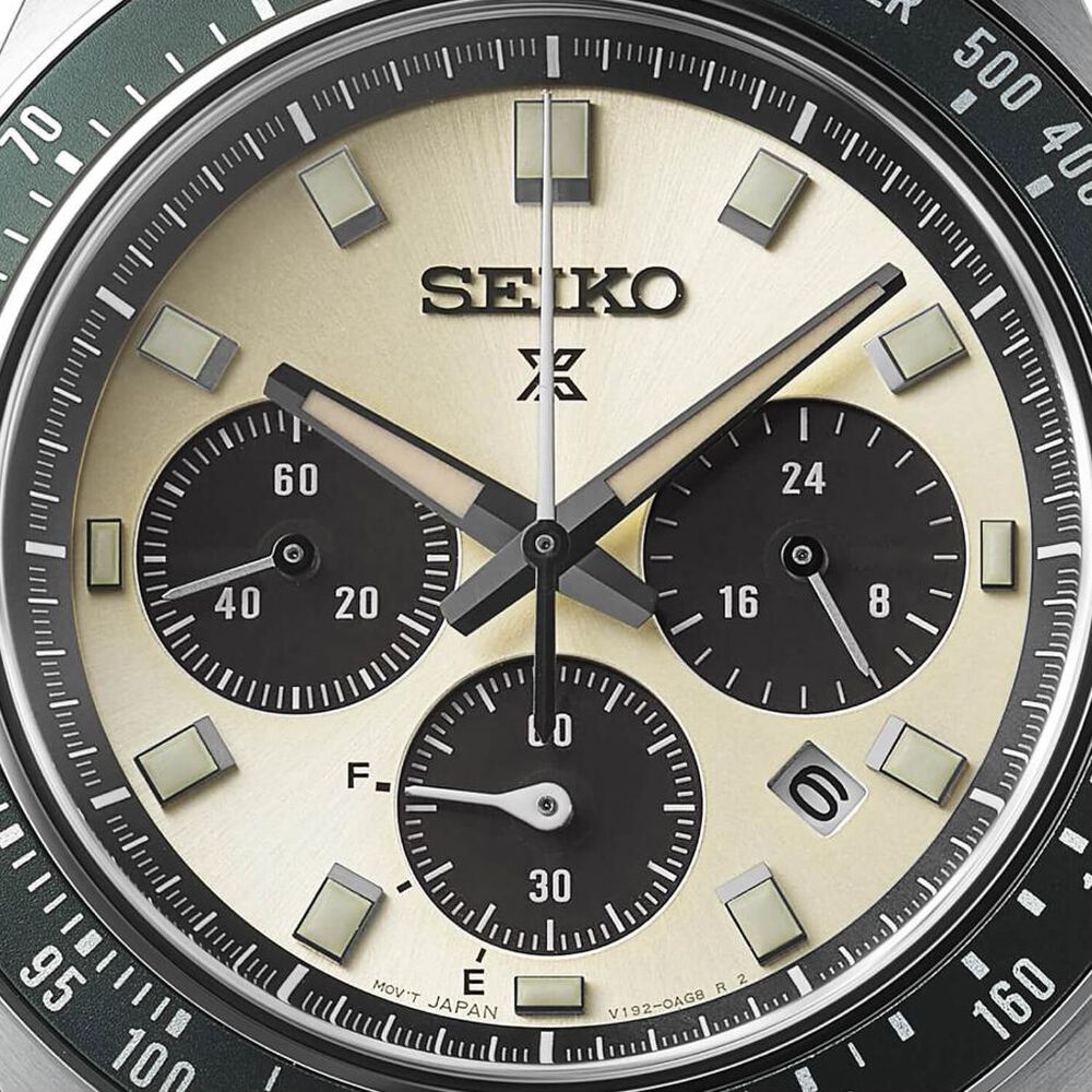 Seiko Prospex Racing Sports Solar Speedtimer 41.4mm Ivory Dial Black Leather Strap Watch