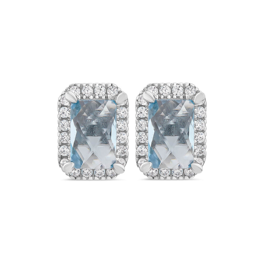 9ct White Gold Rectangular Blue Topaz & Cubic Zirconia Frame Stud Earrings