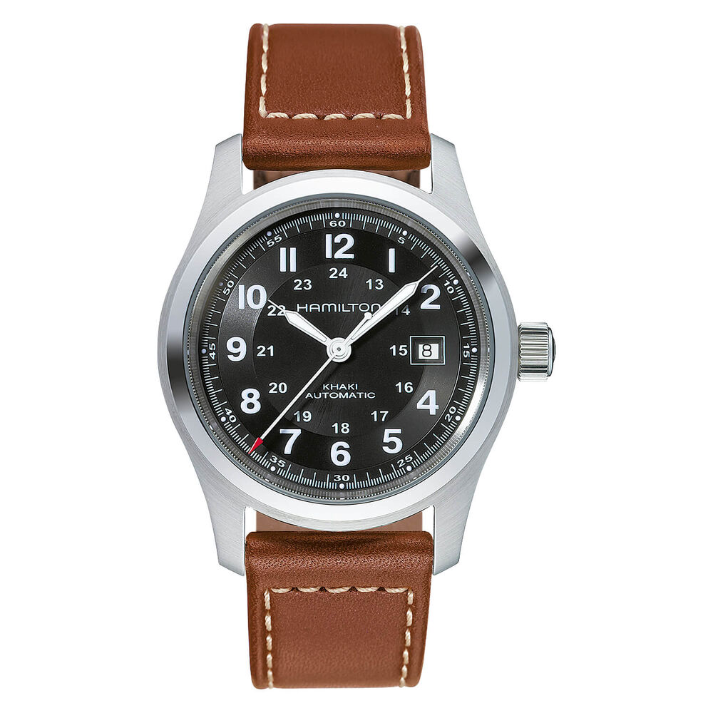 Hamilton Khaki Field Auto 42mm Black Dial Steel Case Brown Strap Watch