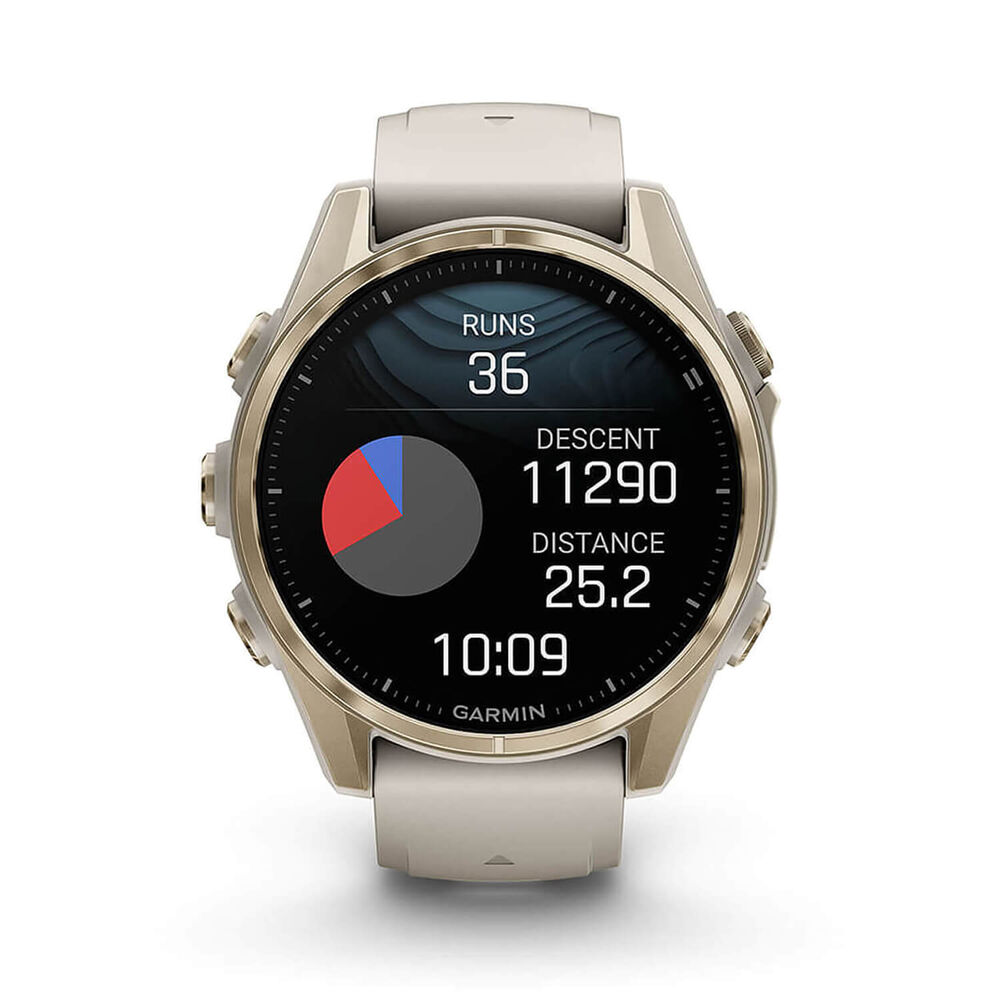 Garmin fenix® 8 AMOLED Sapphire 43mm Soft Gold Case Fog Grey Dark Sandstone Silicon Strap Watch image number 6