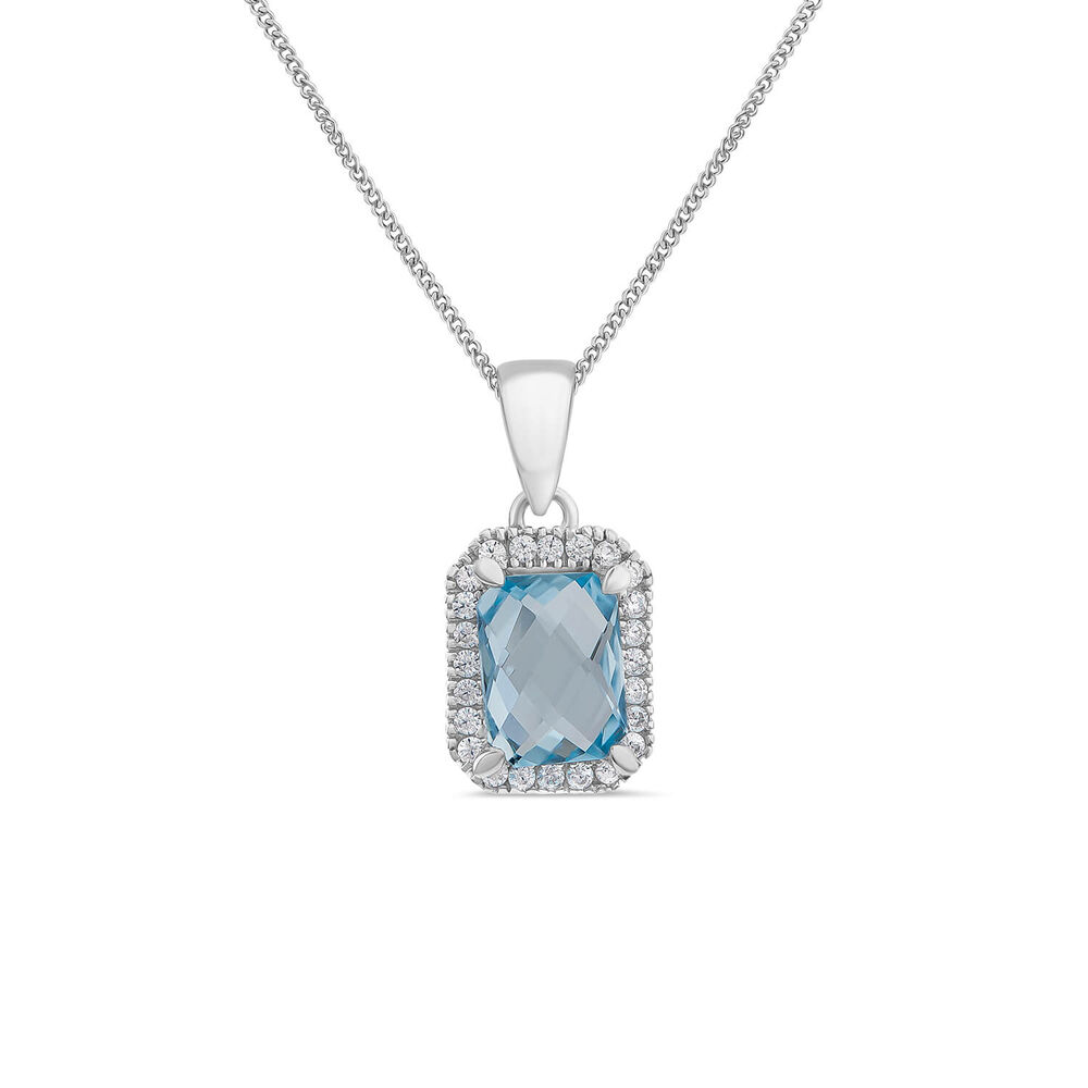 9ct White Gold Rectangular Blue Topaz & Cubic Zirconia Frame Pendant image number 0