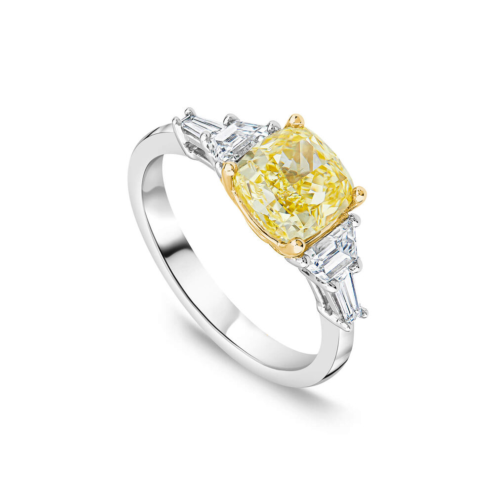 Born Platinum & 18ct YG 2.6ct Yellow Cushion Centre Tapered Shaped Lab Grown Diamond Sides Ring