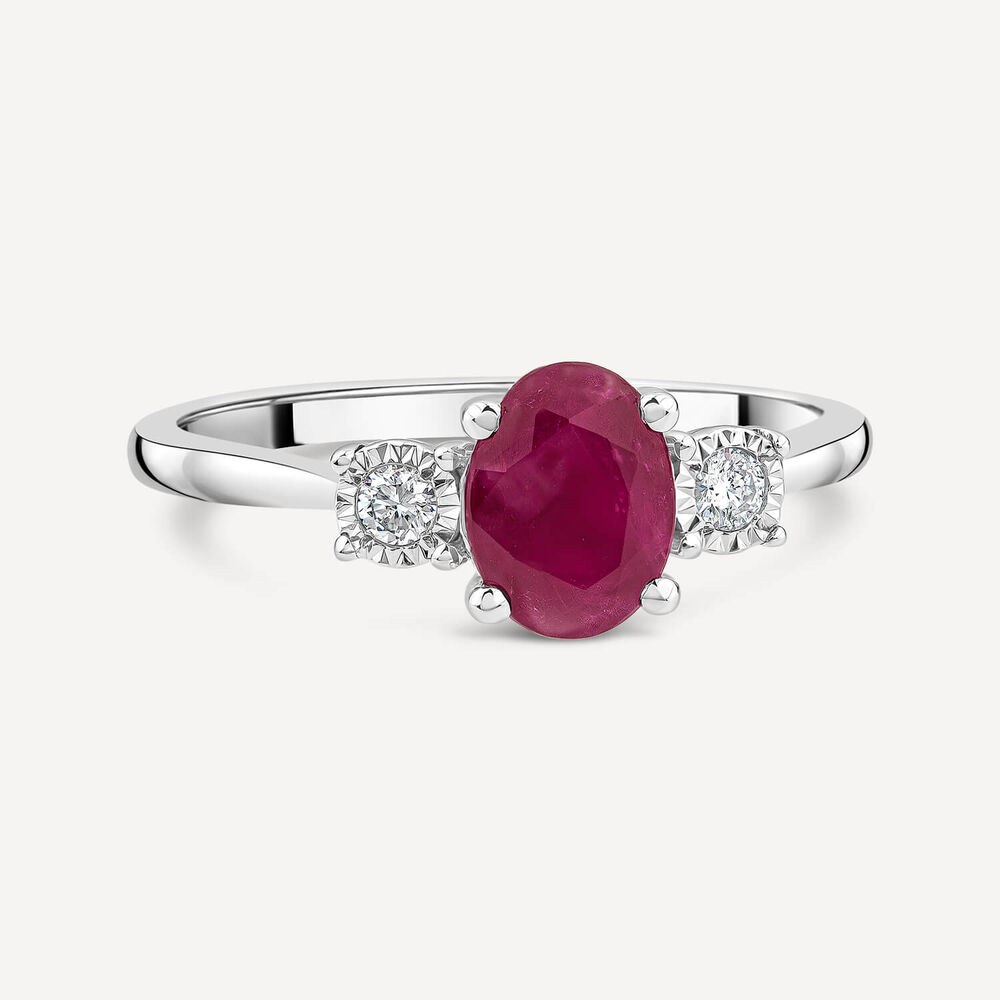 9ct White Gold Oval Ruby & 0.05ct Diamond Sides Ring image number 2