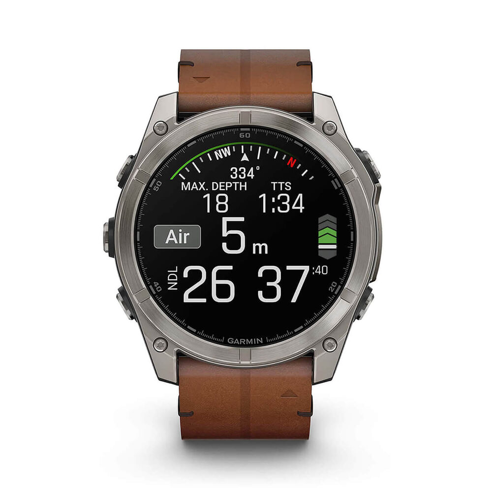 Garmin fenix® 8 AMOLED Sapphire 51mm Carbon Grey DLC Case Chestnut Leather Strap Watch image number 1