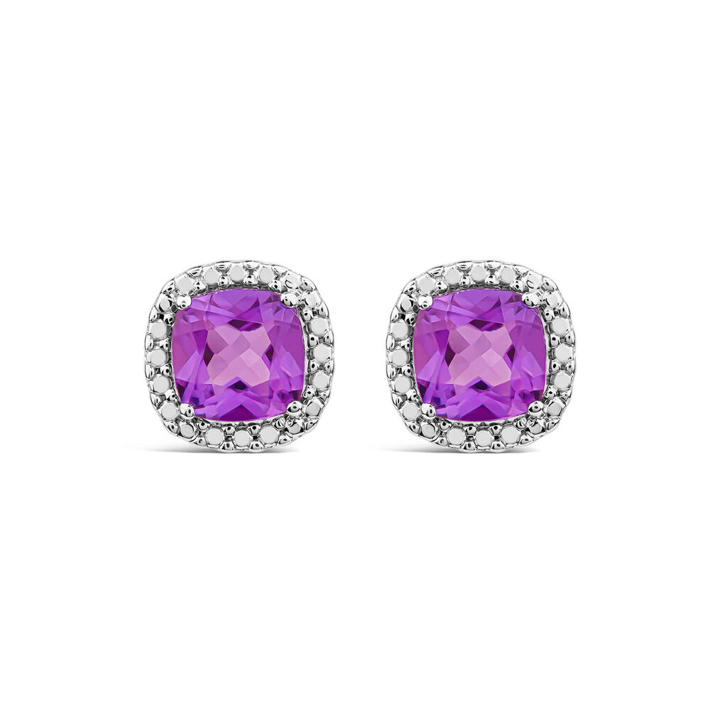 9ct White Gold Amethyst Cushion Stud Earrings image number 0