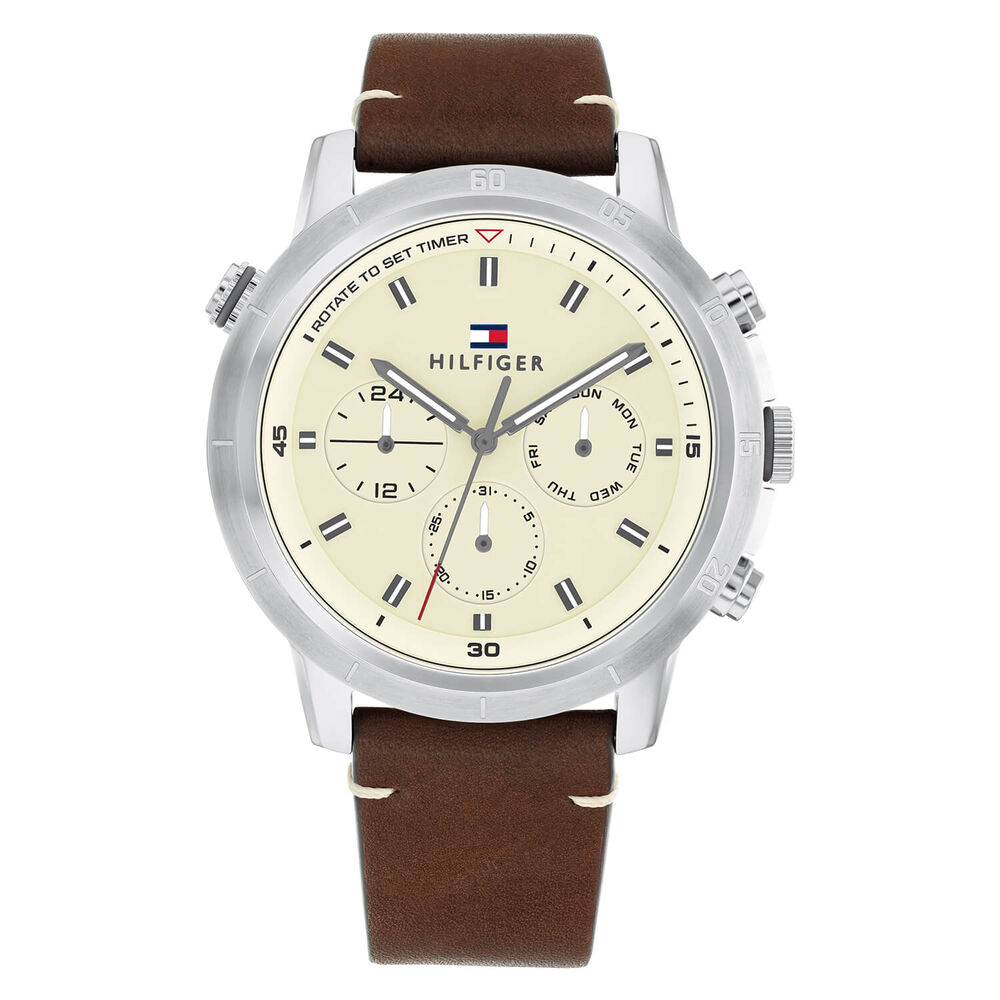 Tommy Hilfiger 46mm Chrono Cream Dial Brown Leather Strap