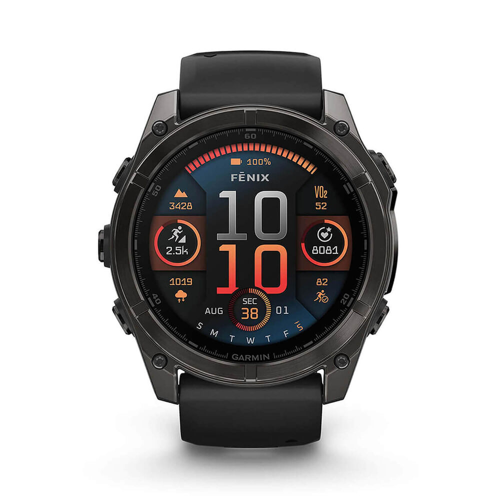 Garmin fenix® 8 AMOLED 51mm Carbon Grey DLC Titanium Case Black Pebble Grey Silicon Strap Watch image number 1