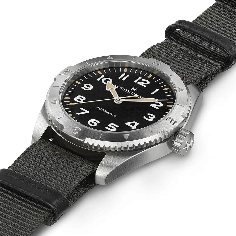 Hamilton Khaki Field Expedition Auto 41mm Black Dial Steel Case Grey Strap Watch image number 4