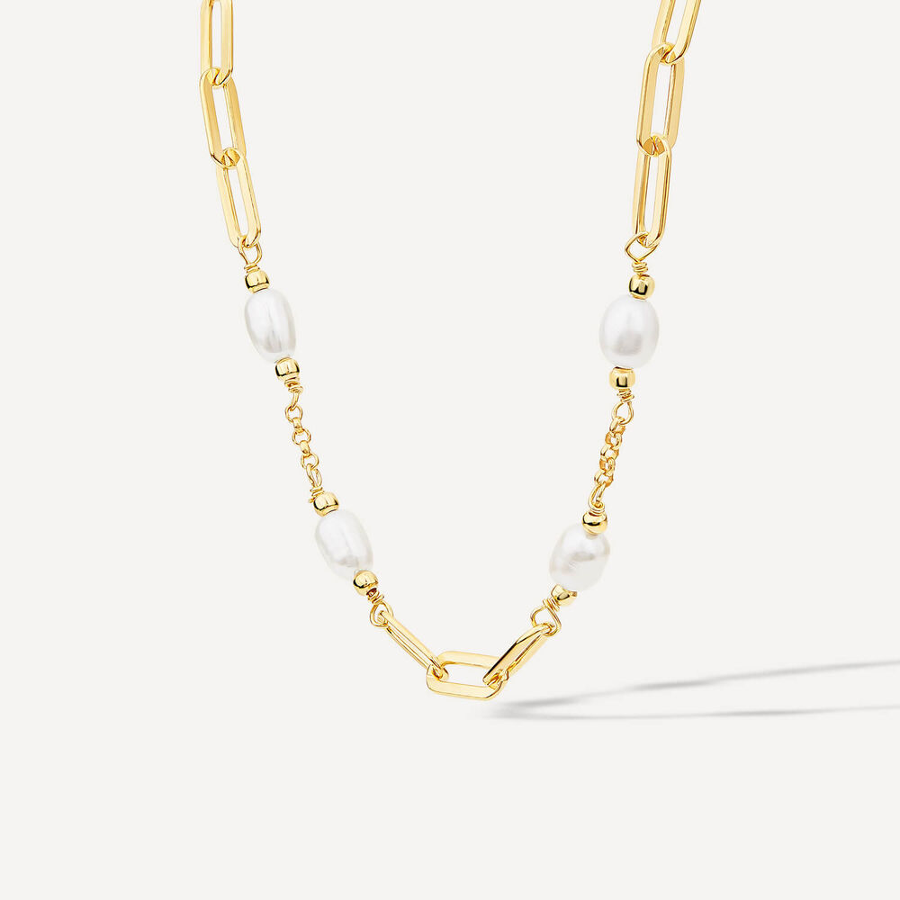 Silver & Yellow Gold Plated Pearl Stationed Paperlink Necklet image number 1