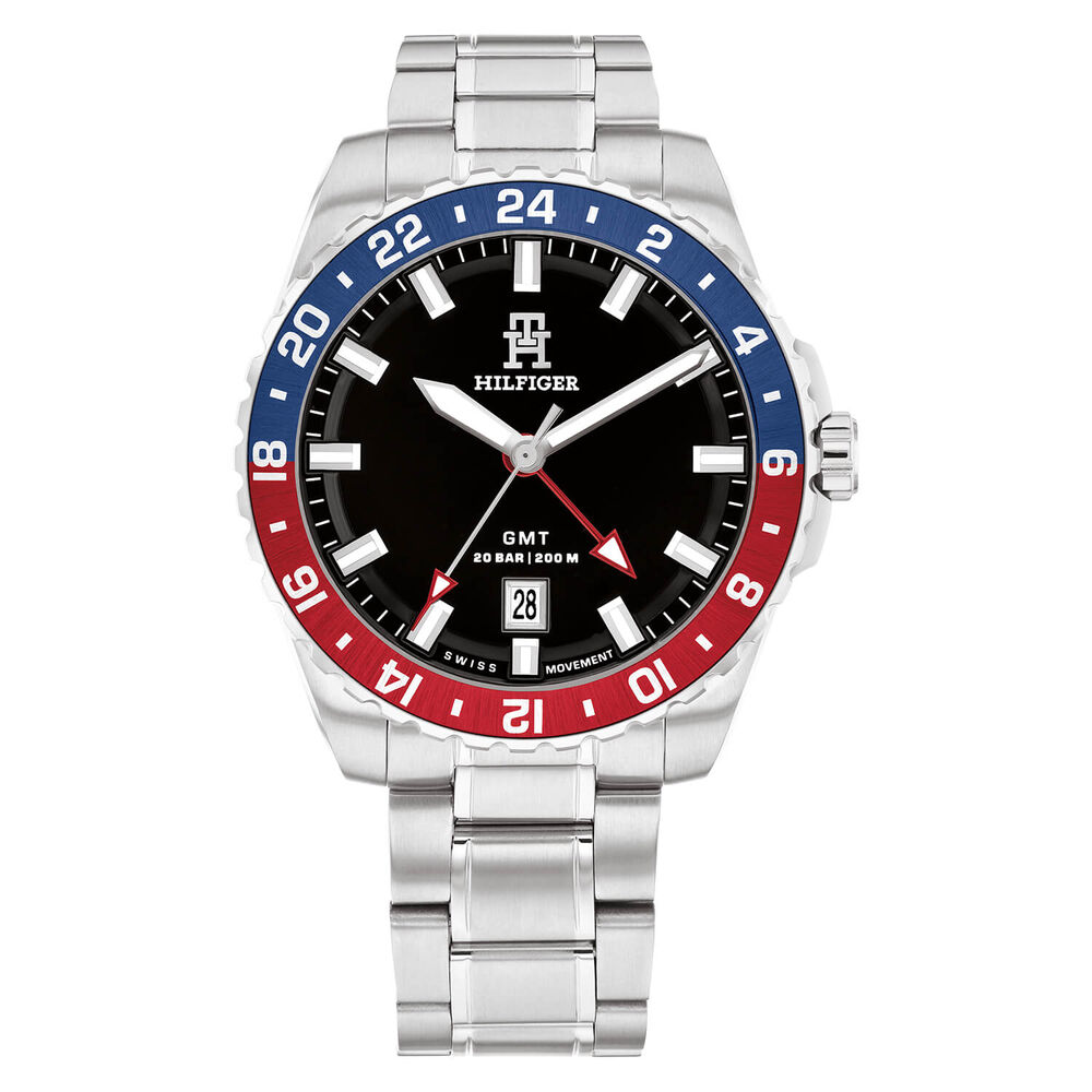 Tommy Hilfiger 41.5mm Black Dial Red & Blue Bezel Steel Bracelet Watch
