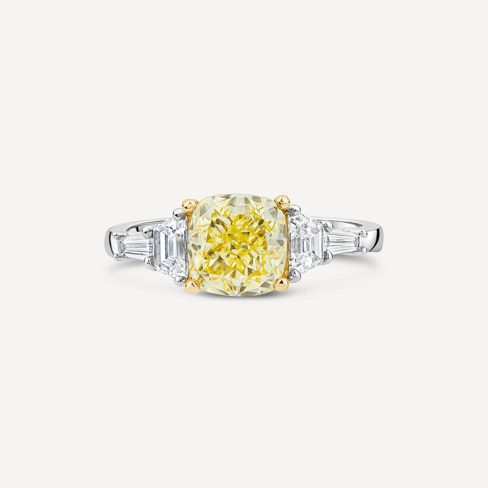 Born Platinum 2.60ct Yellow Cushion Centre & Tappered Trapezoid Lab Grown Diamond Sides Ring image number 1