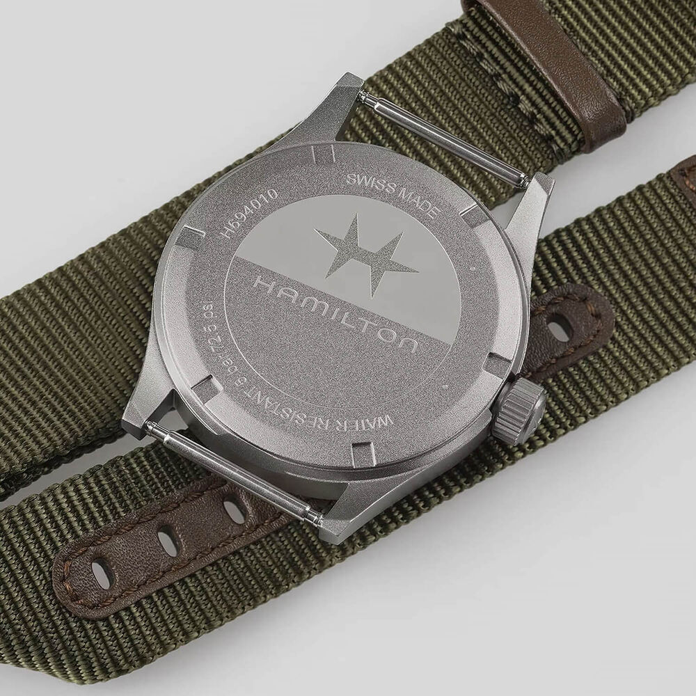 Hamilton Khaki Field Quartz 38mm Black Dial Steel Case Green Strap Watch image number 5