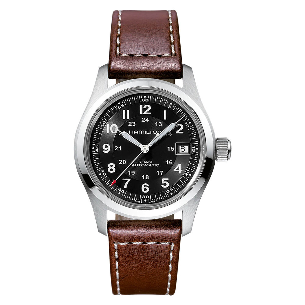 Hamilton Khaki Field Auto 38mm Black Dial Steel Case Brown Leather Strap Watch