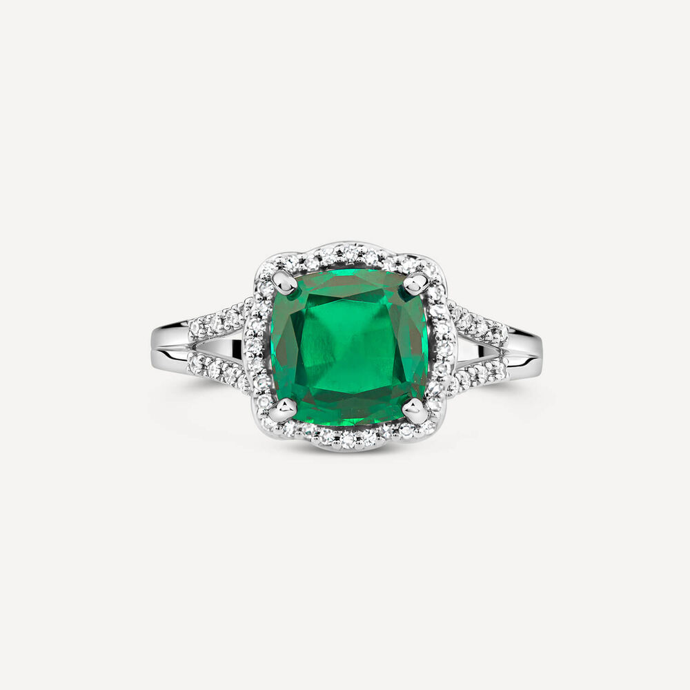 9ct White Gold 0.15ct Diamond and Created Emerald Cushion Halo Ring image number 1