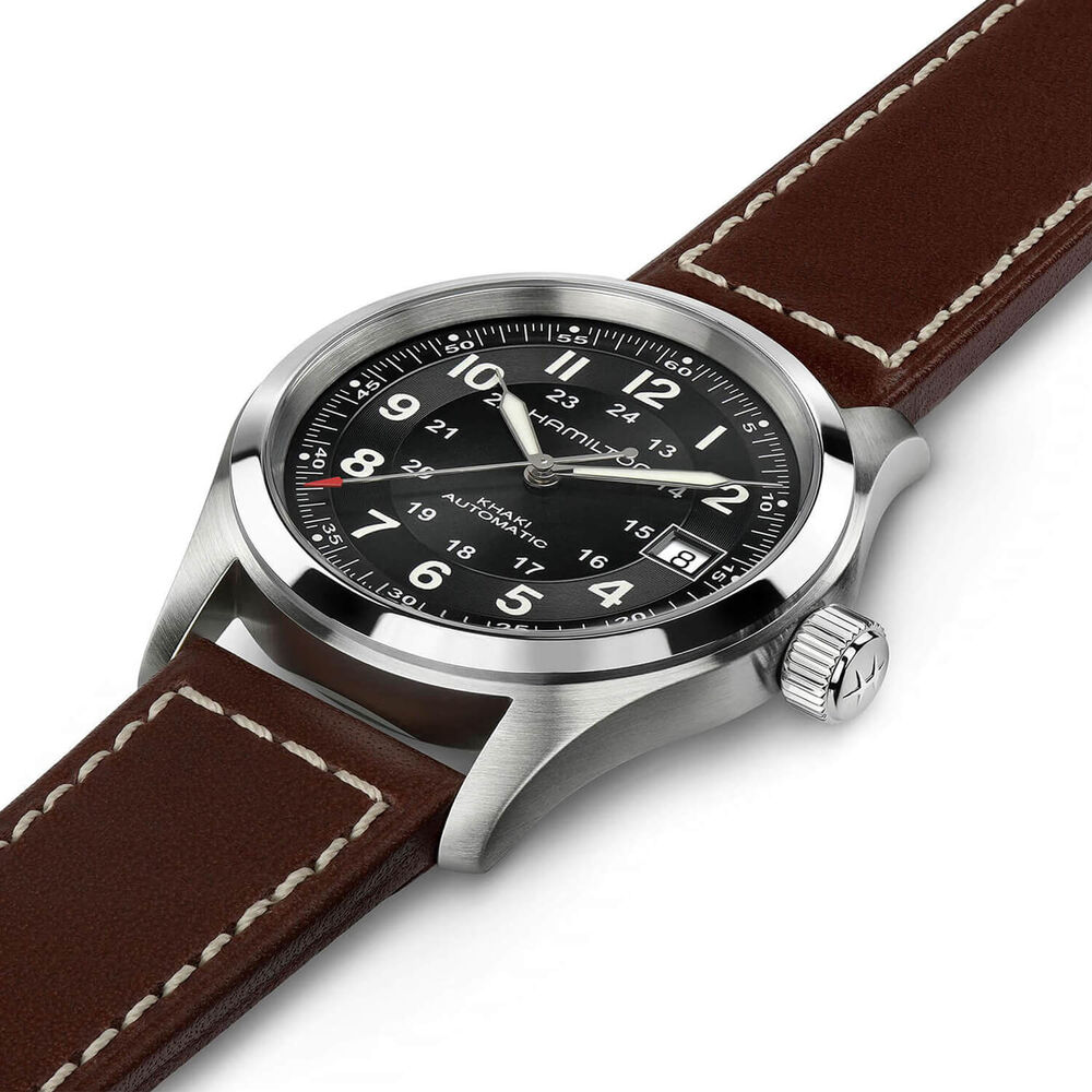 Hamilton Khaki Field Auto 38mm Black Dial Steel Case Brown Leather Strap Watch