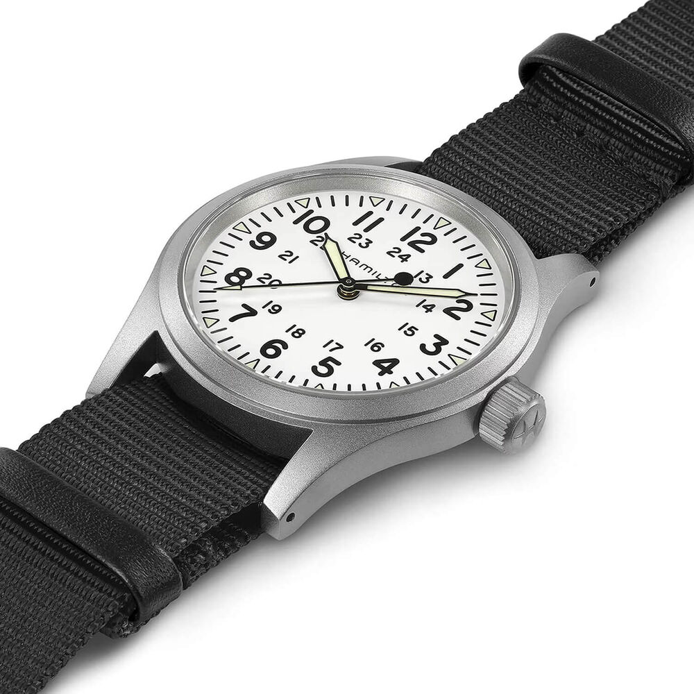 Hamilton Khaki Field Mechanical 38mm White Dial Steel Case Black Strap Watch image number 1