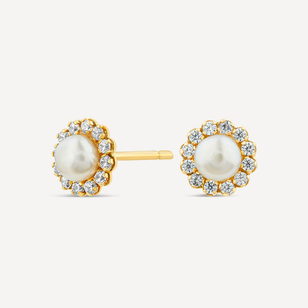 9ct Yellow Gold Tiny Pearl & Cubic Zirconia Surrounded Stud Earrings image number 1